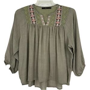 Azel Hazel Hazel Haze Boho Crop Top Green Lace Embroidered 3/4 Sleeve Size M